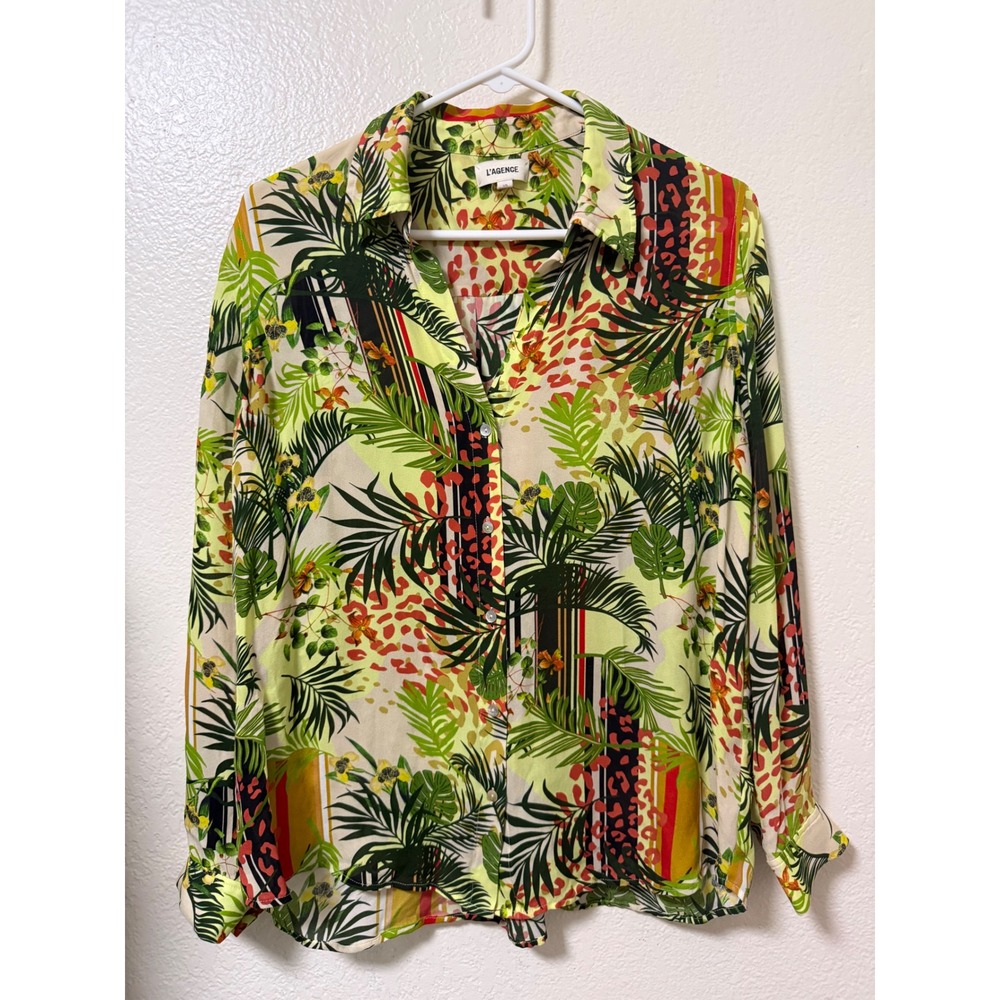 L'AGENCE 100% Silk Tropical Leopard Blouse Santorini Passionfruit Print Large